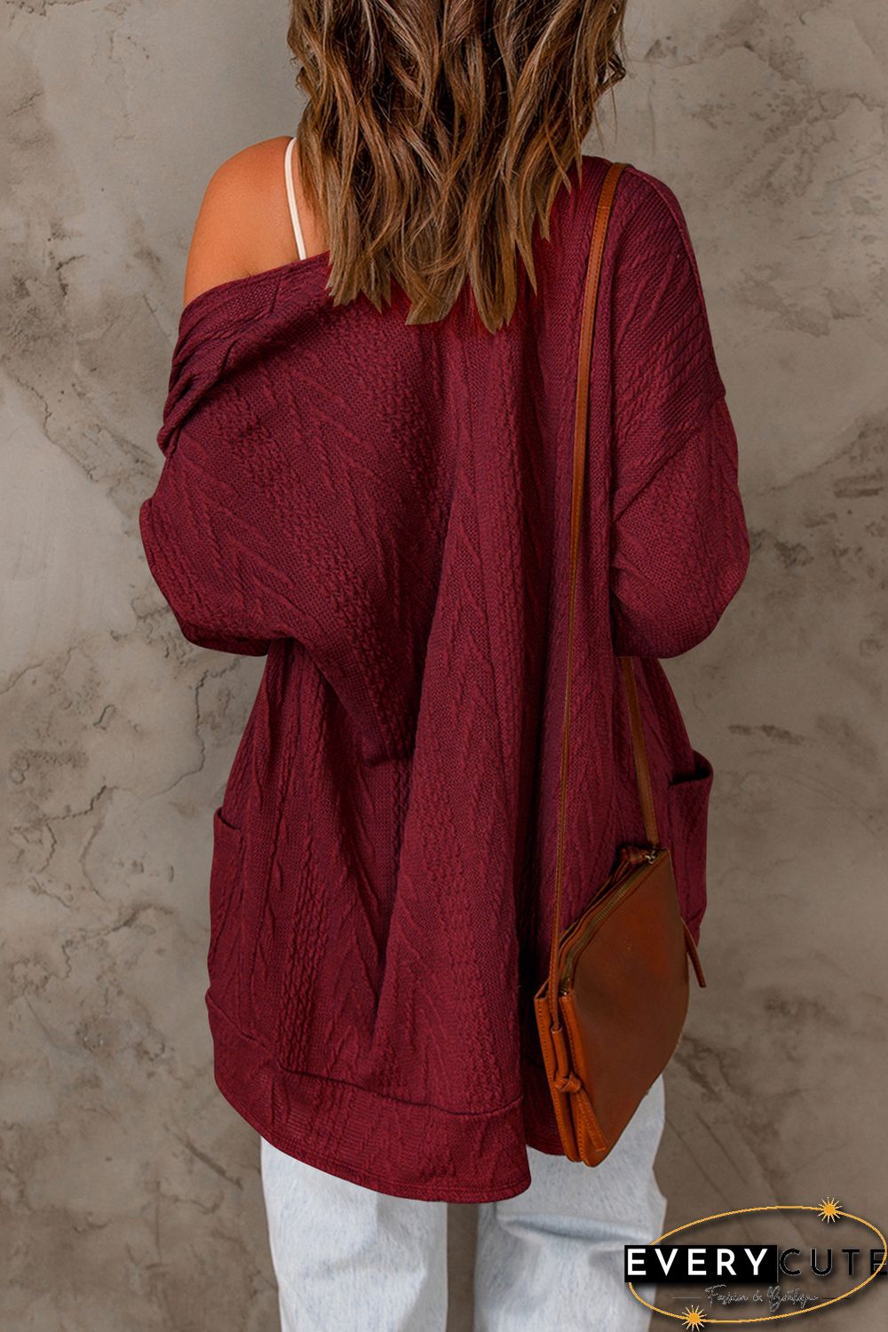 Red Drop Shoulder Textured Cardigan