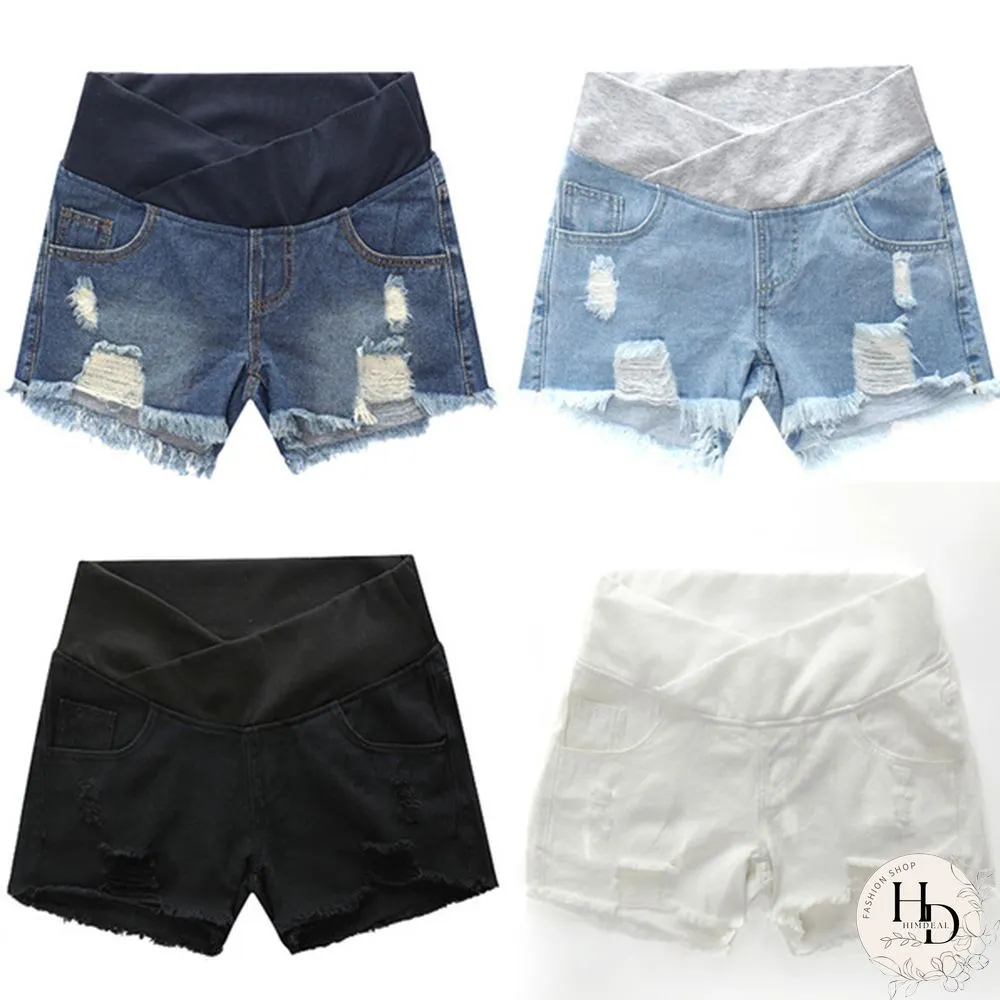Pregnancy Women's Ripped Denim Shorts Summer Maternity Shorts Pregnant Loose Belly Elastic Jeans