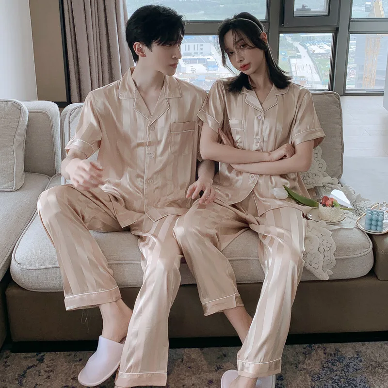 Stolskolb Short-sleeved Shorts Ice Silk Pajamas Men and Silk Satin Pajamas Set Long Sleeved Sleep Women Sleepwear Pijamas Couple Pajamas