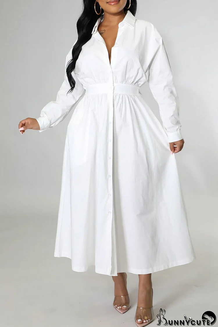 White Casual Solid Patchwork Buckle Turndown Collar Shirt Dress Dresses