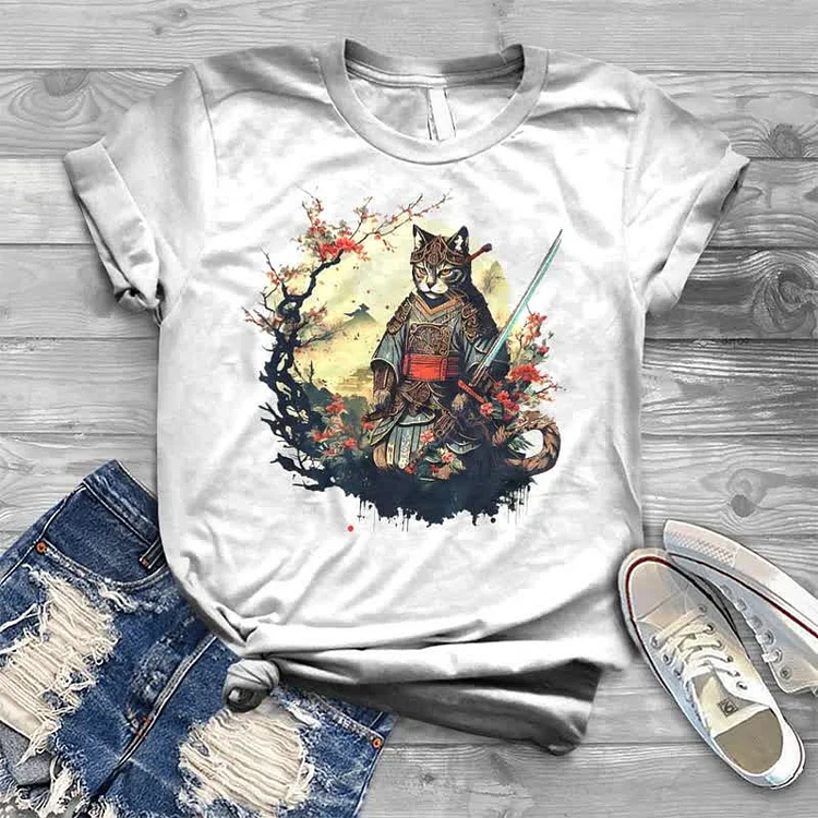 100% Cotton Japanese Ninja Kitty Art Print T-shirt