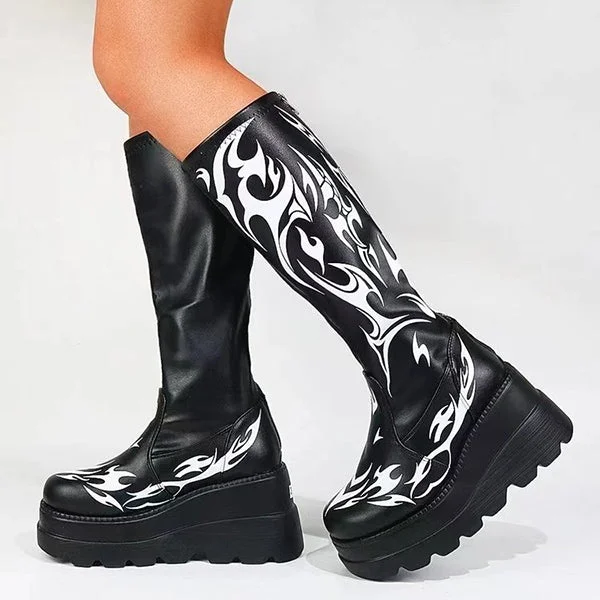 HUXM Punk Print Platform Soft Leather Tall Boots