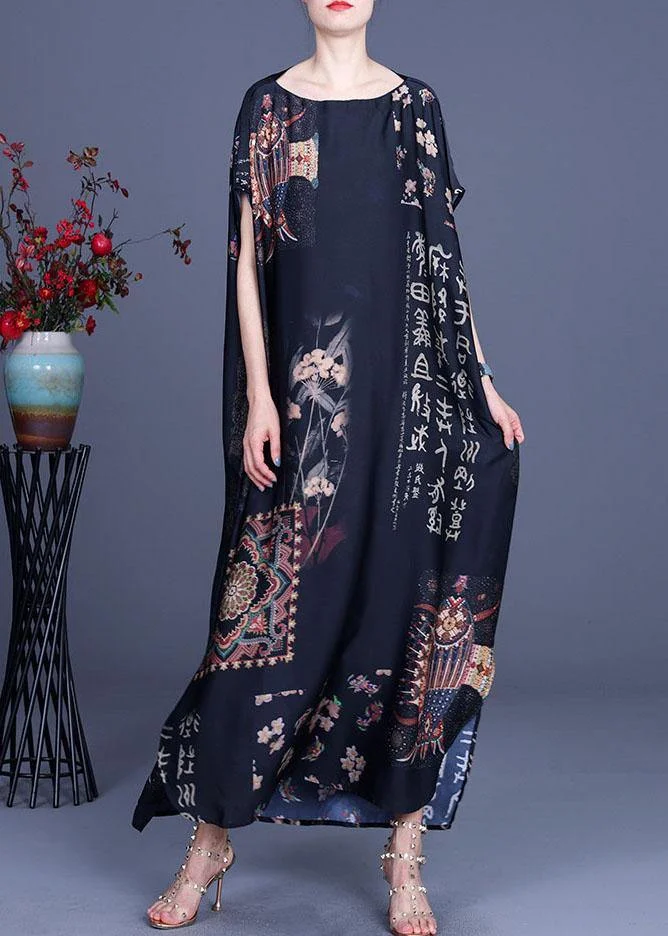 French Black Print Side open Silk Long Dress Summer