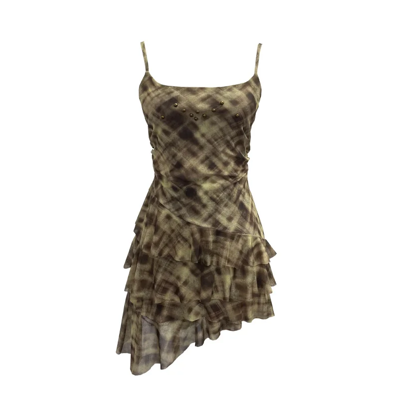 Nigikala Nigikala Shooting Mesh Yarn Irregular Rivet Vest Dress Women 2025 Summer Dress New Lotus Edge Sleeveless Top 1273