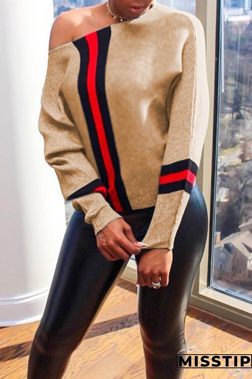 Blue One word collar Long Sleeve Patchwork Ribbon Solid