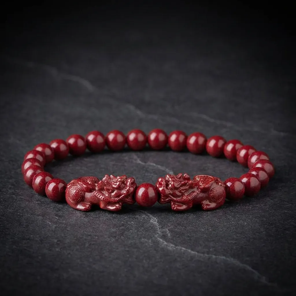The Imperial Guardian: Purple Gold Cinnabar Double Pixiu Bracelet Purple Gold Sand - Double Pixiu - 6mm