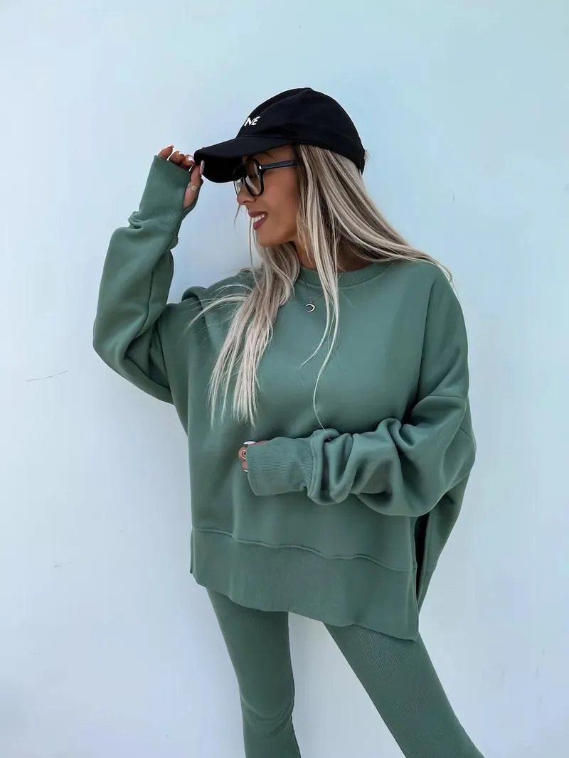 Oversize Two-Piece Set Women's Split Hem Sweatshirt & Skinny Pants, Casual Fashion Cozy Round Neck Long Sleeve Pullover Women's Clothing for Fall & Basic Winter Suits Womenswear Gamis