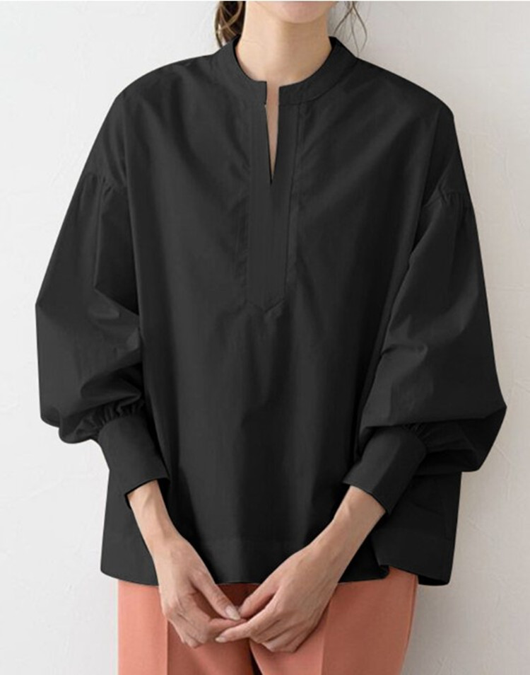 Women V-neck Lantern Long-sleeve Loose Blouse