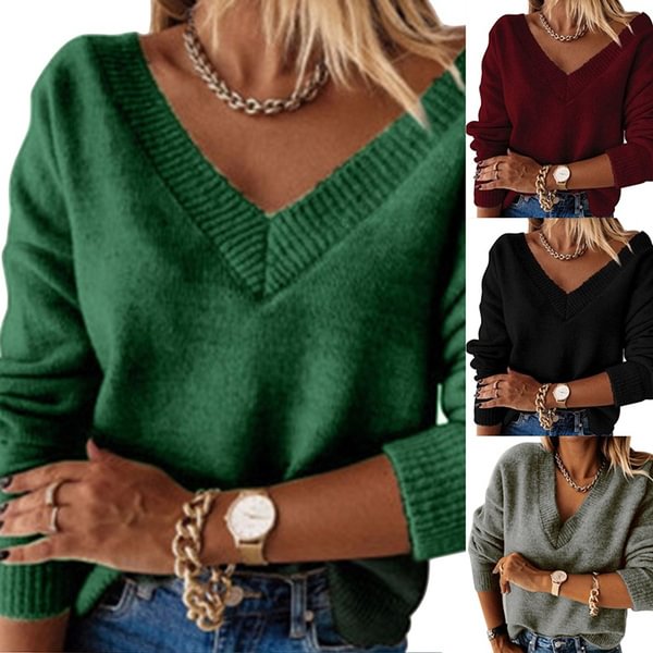 Casual V Neck Loose Knitted Sweater Women Long Sleeve Streetwear Top Jumper Spring Autumn Loose Pullovers - BlackFridayBuys