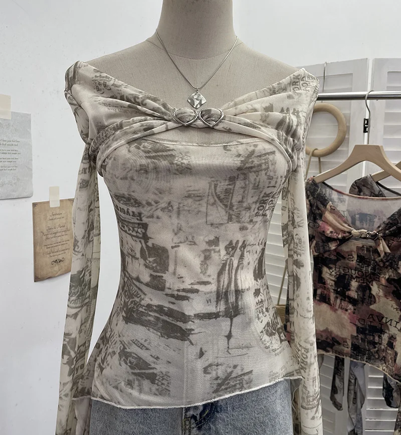 Nigikala Nigikala Shooting Strapped With Hollow Retro Print Long-Sleeved Mesh T-Shirt Ribbon Design Spring And Summer Top 1195