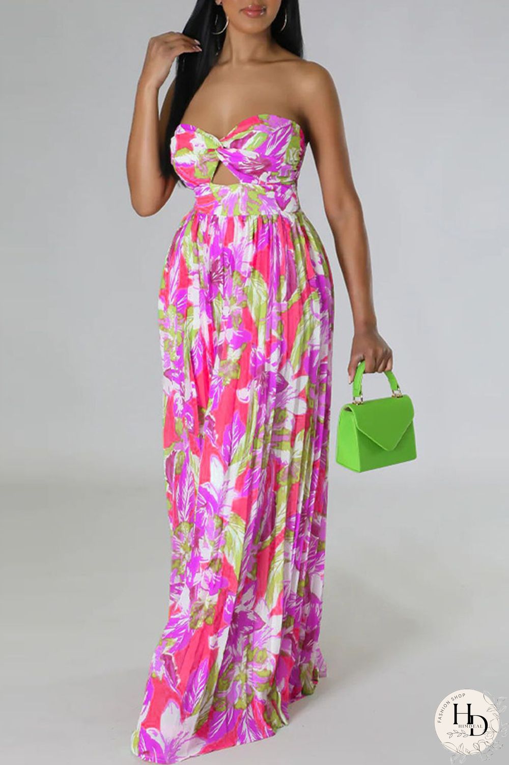 Tangerine Red Sexy Print Patchwork Strapless Straight Jumpsuits