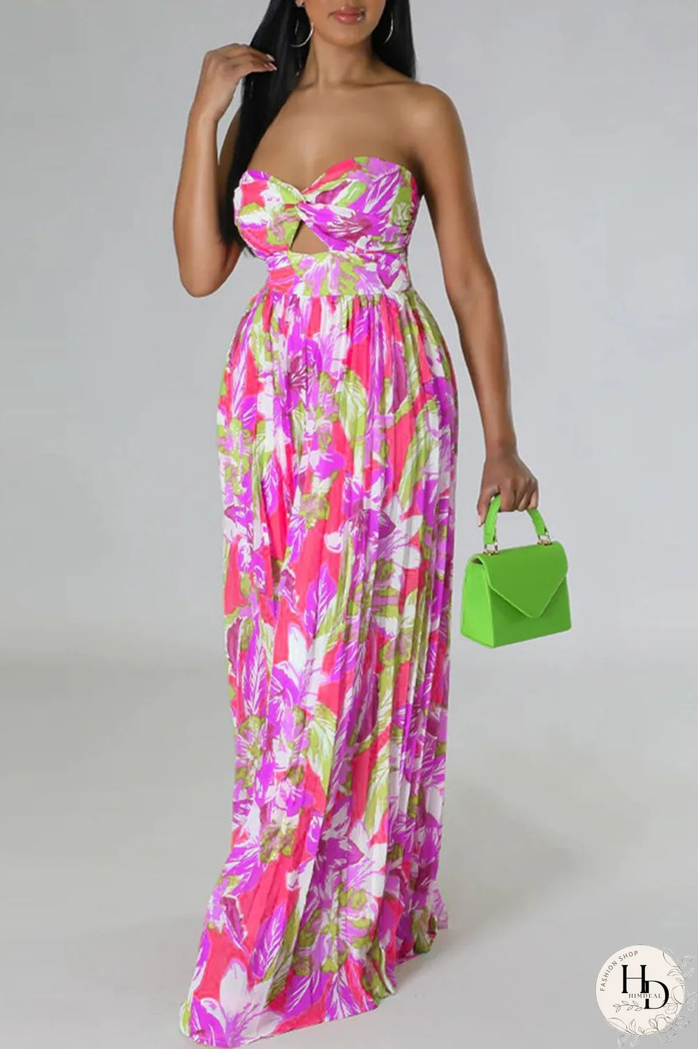 Tangerine Red Sexy Print Patchwork Strapless Straight Jumpsuits