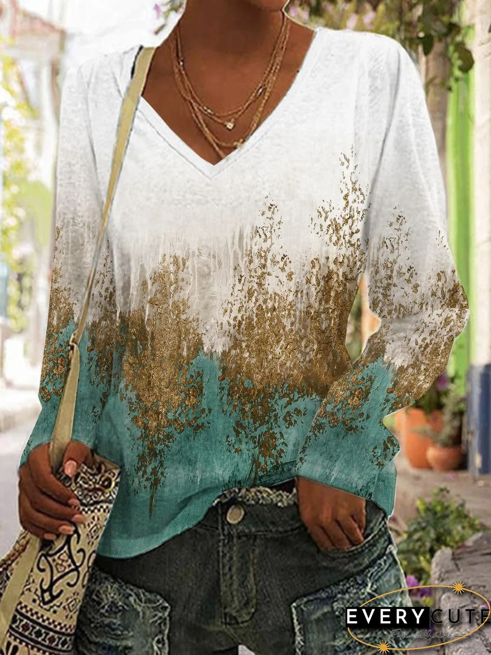 Casual V-neck Abstract Printed Long-sleeve Plus Size T-Shirt