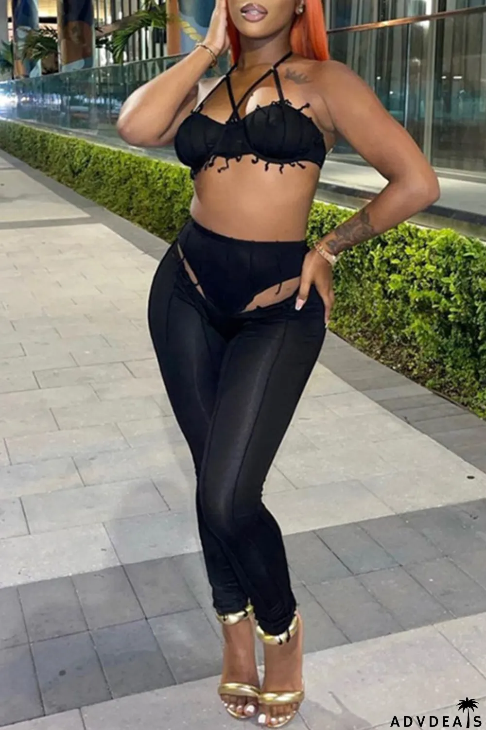 Black Sexy Solid Hollowed Out Patchwork Asymmetrical Halter Sleeveless Two Pieces