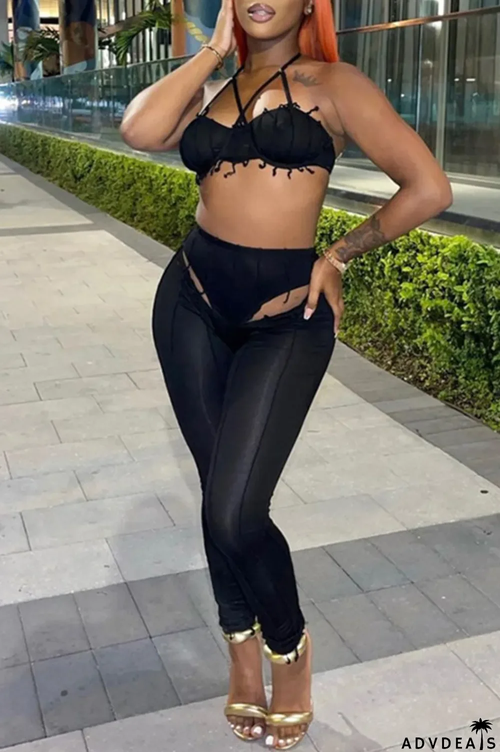 Black Sexy Solid Hollowed Out Patchwork Asymmetrical Halter Sleeveless Two Pieces