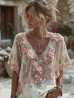 Women's Pink Floral Embroidered Art V-neck Short Sleeve Linen Blend T-shirt