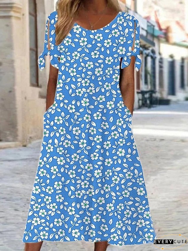 Casual Dress Floral Summer Ditsy Pocket Cold Shoulder Neck Midi Fashion Streetwear Outdoor