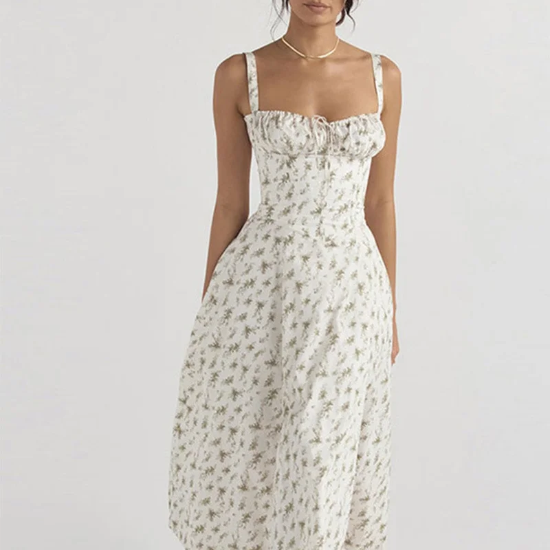 Uveng Uveng New Women's French Floral Dress Lady Slit Big Place Suspenders Winter Dress Female