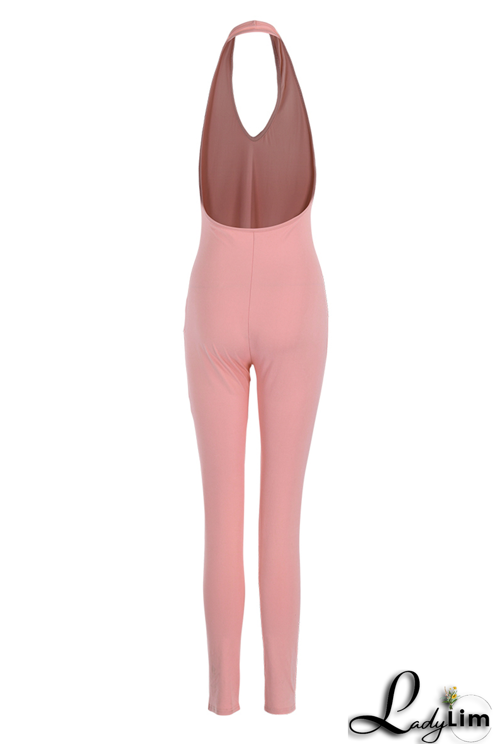 Pink Sexy Solid Backless Halter Skinny Jumpsuits