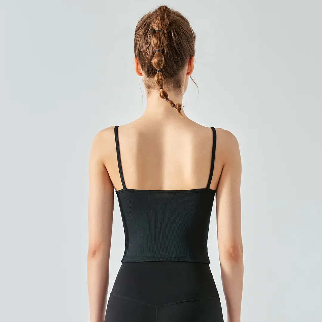 Shop ladies fashion contrasting colors thin straps stretchable workout polyester spandex tank tops with built in pads online on Hergymclothing Black
