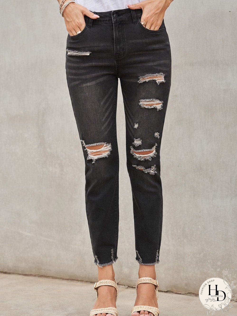 Retro Distressed Straight Leg Black Denim Jeans