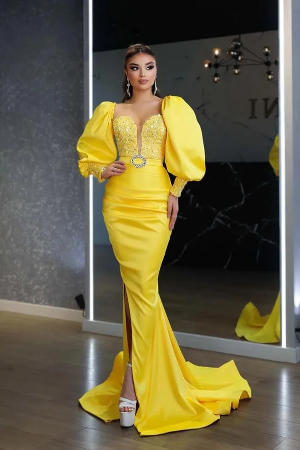 Luluslly Yellow Long Sleeves Mermaid Evening Dress Split With Seuqins Beads