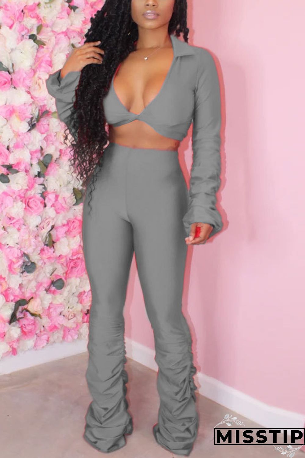 Grey Fashion Long Sleeve V-neck Top Slim Set