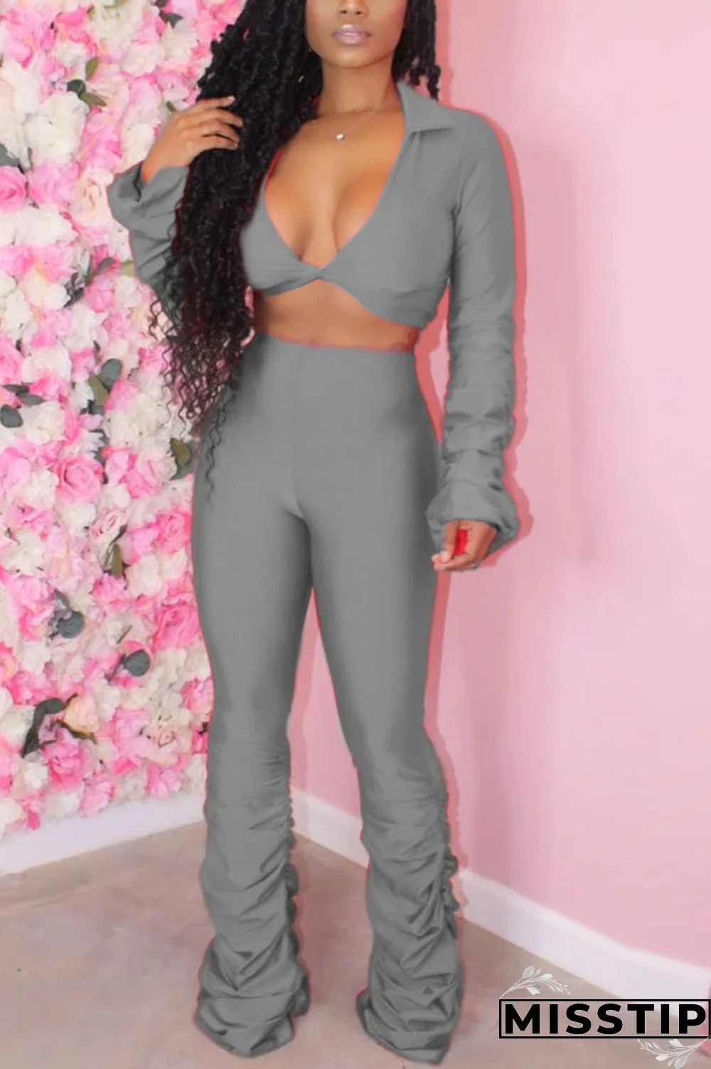 Grey Fashion Long Sleeve V-neck Top Slim Set