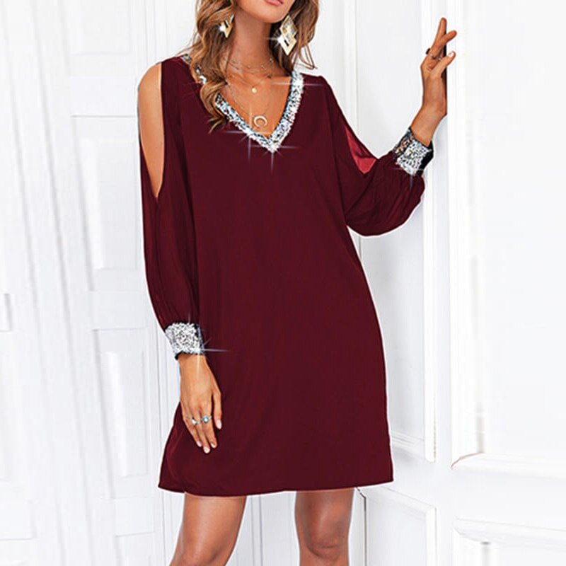 Elegant Sequined V Neck Women Solid Color Party Dress Sexy Hollow Out Long Sleeve Loose Mini Dress Female Casual Dresses S-3XL