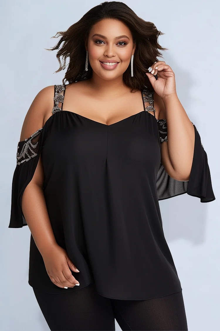 Xpluswear Design Plus Size Daily Black Cold Shoulder 3/4 Sleeve Knitted Blouses