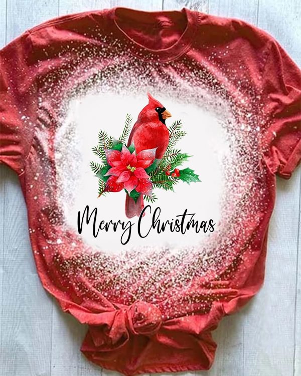 Merry Christmas Cardinal  Print Tie Dye T-Shirt