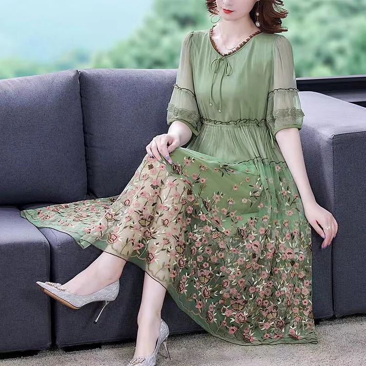 Green Chiffon Long Dress Ruffled Embroideried Summer