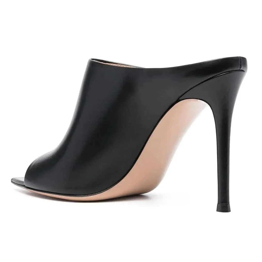 Black Vegan Leather Open Pointed Toe Mules with Stiletto Heels