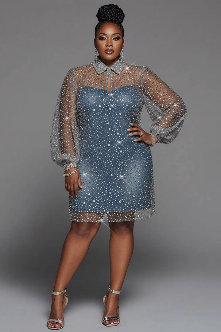 Xpluswear Design Plus Size Party Blue Shirt Collar Long Sleeve See Through Sequin Mini Dresses 2024 - Xpluswear