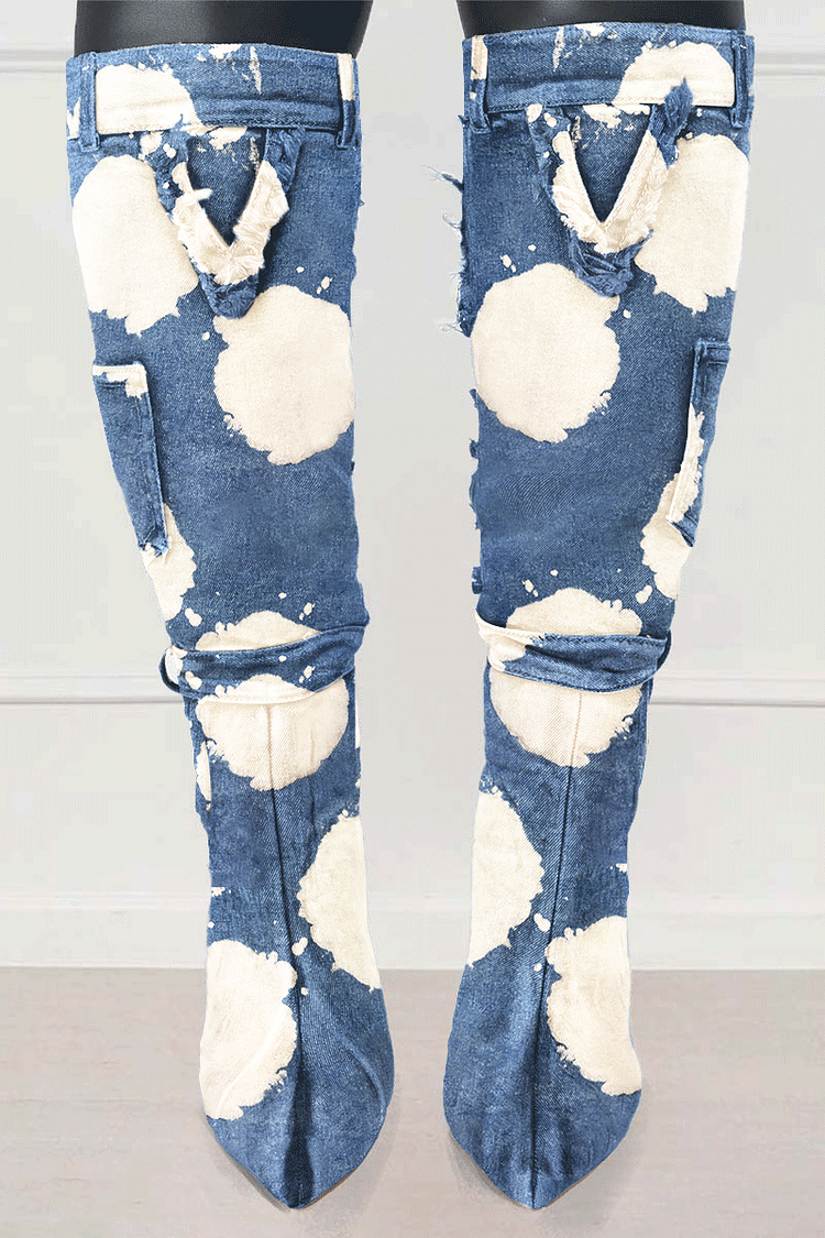 Colorblock Pocket Decor Stiletto Heels Blue Knee High Boots 