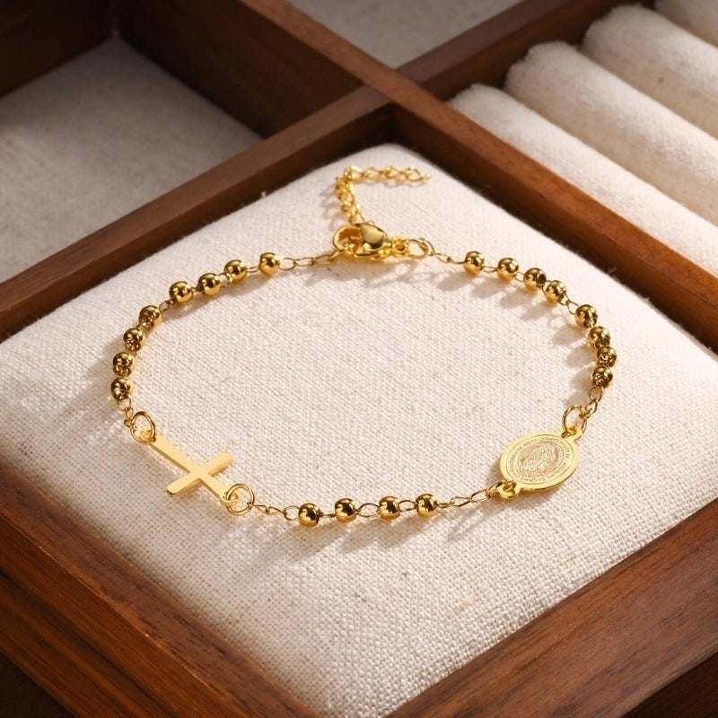 Vintage Style Religion Cross Virgin Mary Copper Zircon 18K Gold Plated Inlay Bracelets