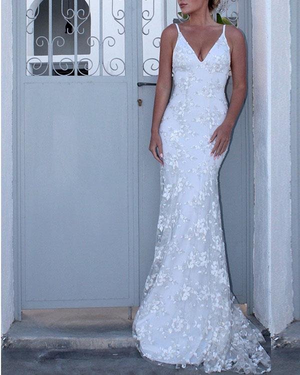 Women Elegant Maxi Slim Bodycon White Lace Dress