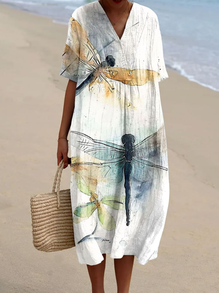 Womens Watercolor Dragonfly Pattern Art Print Flowy Dress
