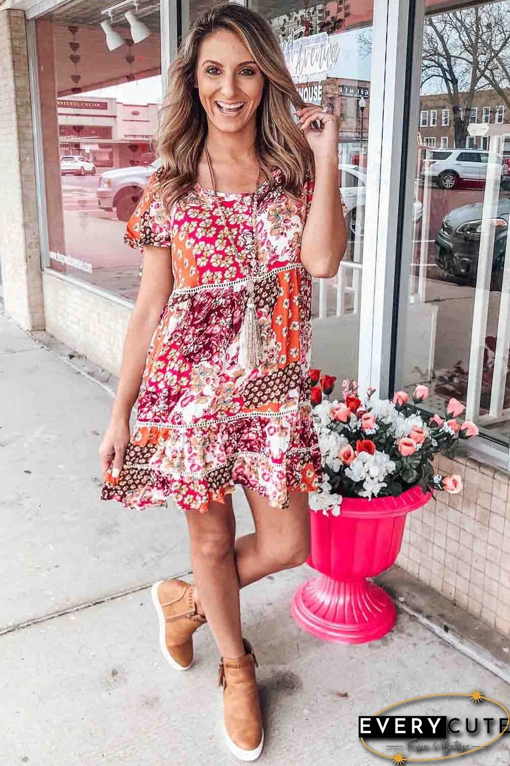 Multicolor Vintage Boho Print Short Sleeve Shift Dress
