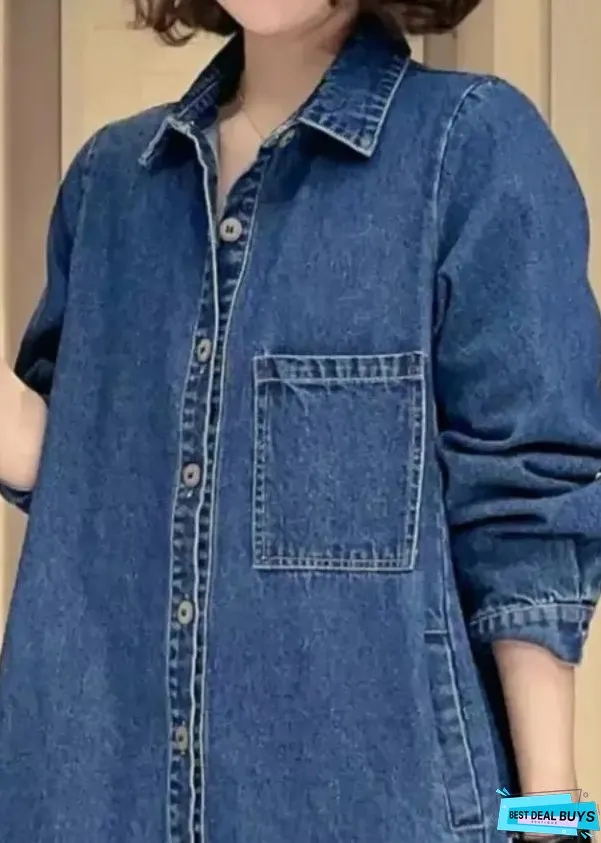 Women Denim Blue Pockets Patchwork Button Coat Fall