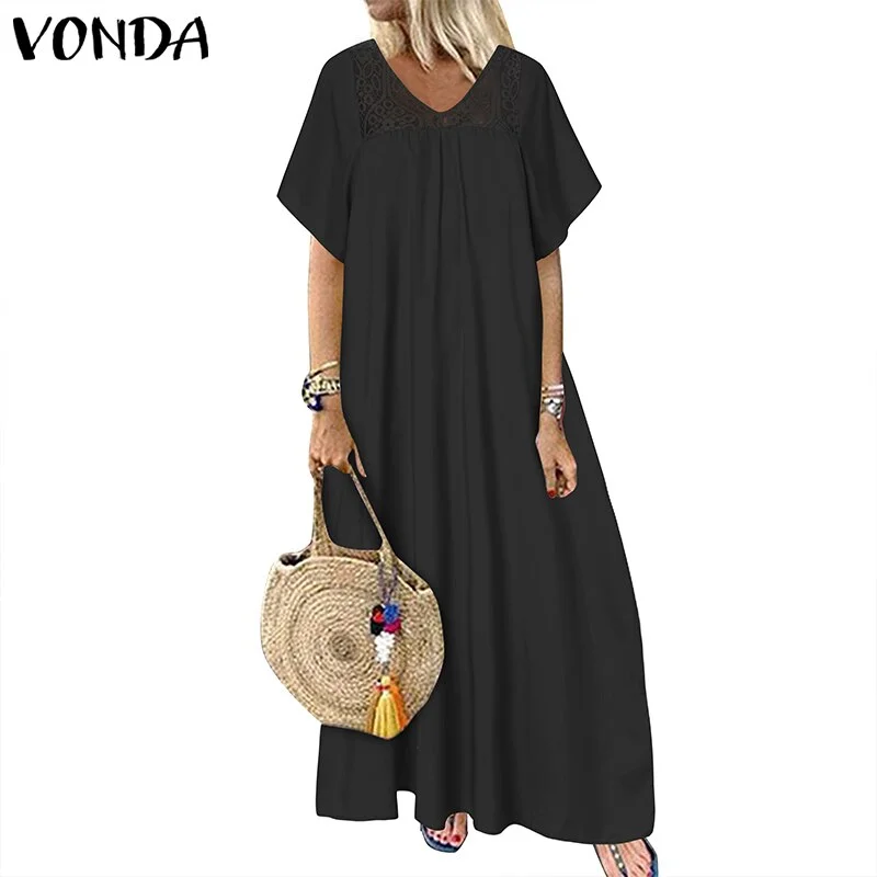 VONDA 2022 Women Fashion Casual Loose Sundress Bohemian Summer Retro Lace Patchwork Holiday Robe Half Sleeve V Neck Long Dress