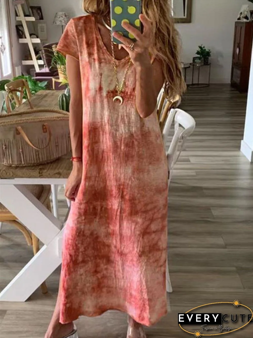 Summer Fashion Tie-Dye Short Sleeve Long Dress Loose V Neck  Maxi Dress