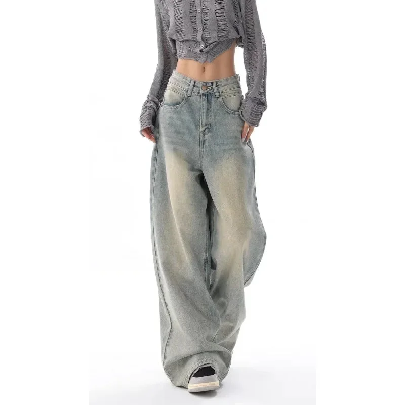 Nncharge Vintage Casual High Waist High Street Style Light Blue Straight Jeans Pants Women's Wide Leg Baggy Y2K Denim Trouser