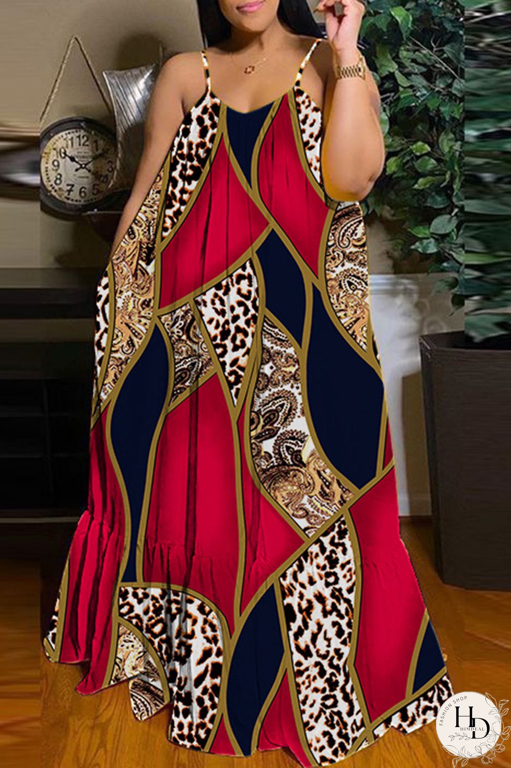 Apricot Sexy Casual Print Backless Spaghetti Strap Long Dress Dresses