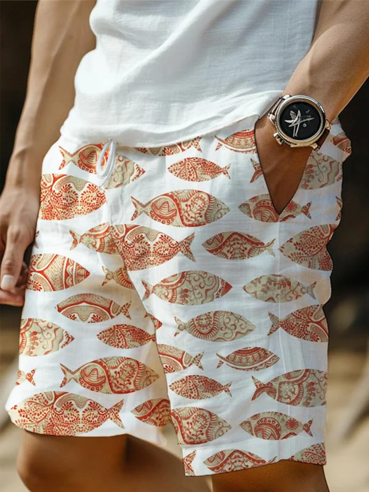 Men's Fish Ethnic Print Art Print Linen Shorts