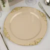 10 Pack | 10" Round Plastic Dinner Plates in Vintage Taupe, Gold Leaf Embossed Baroque Disposable Plates