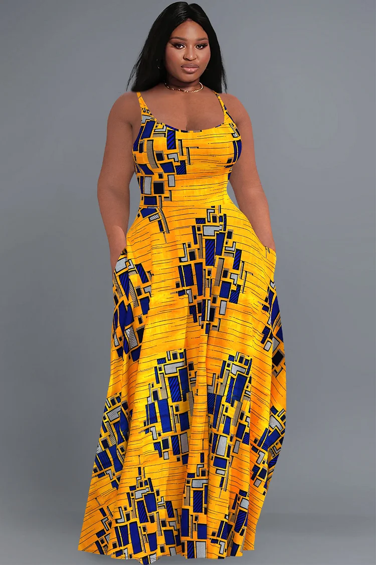 Xpluswear Design Plus Size Casual Yellow Geometric Print U Neck Sleeveless Sundress Pocket Maxi Dress