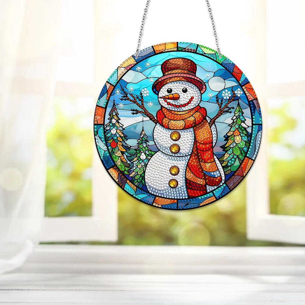 DIY Snowman Diamond Stained Glass Style Hanging Decoration Double Side Home Garden Decoration