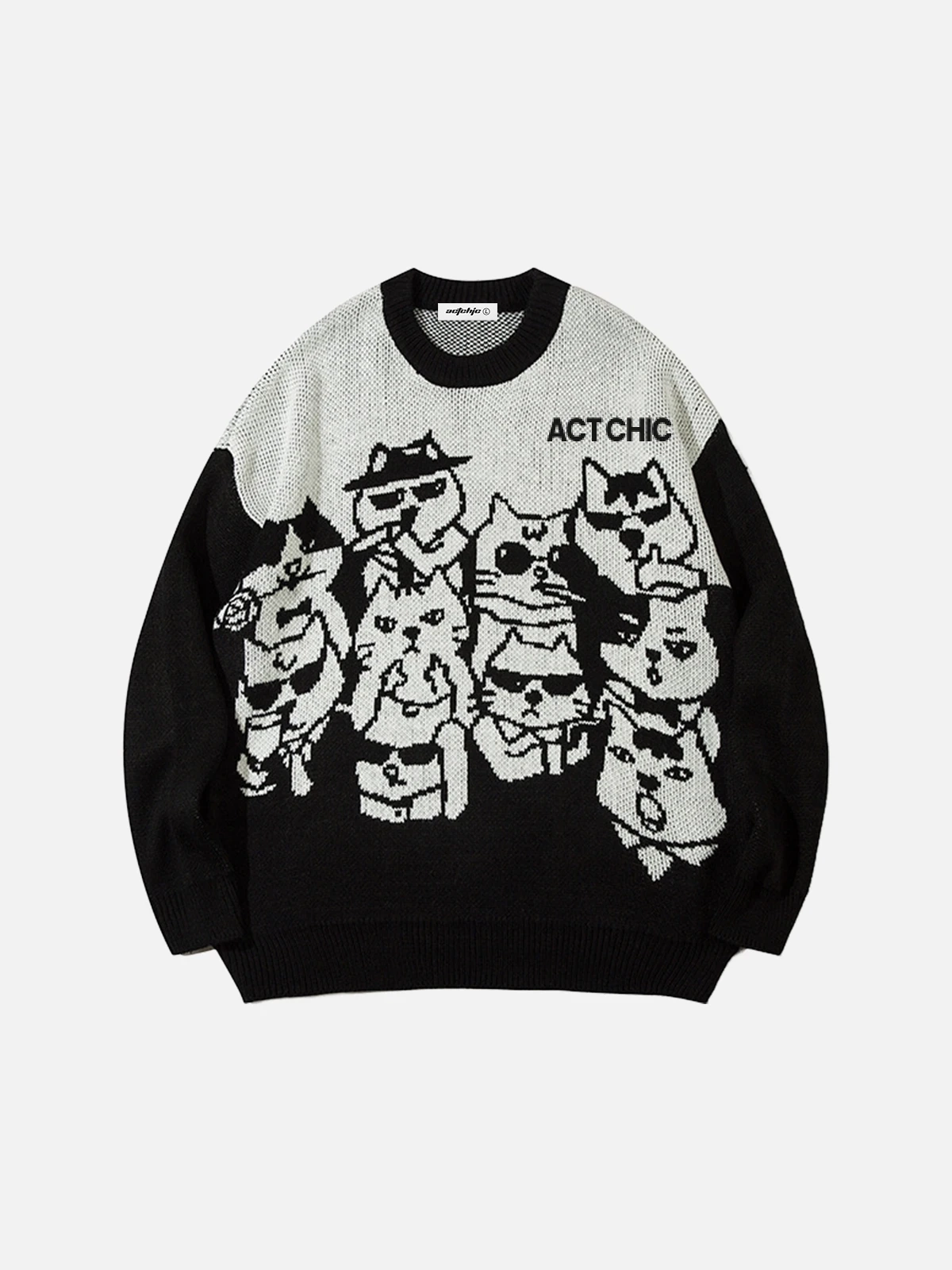 Black Cute Cat Pattern Oversized Knit Sweater Front