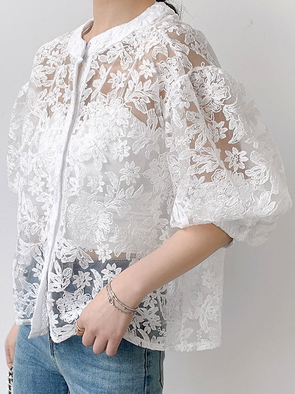 Short Sleeve Flower Lace Embroidery Outwear